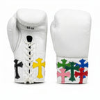 Champions Mafia White Boxing Gloves – Multi-Colour Cross Patch Lace-Up