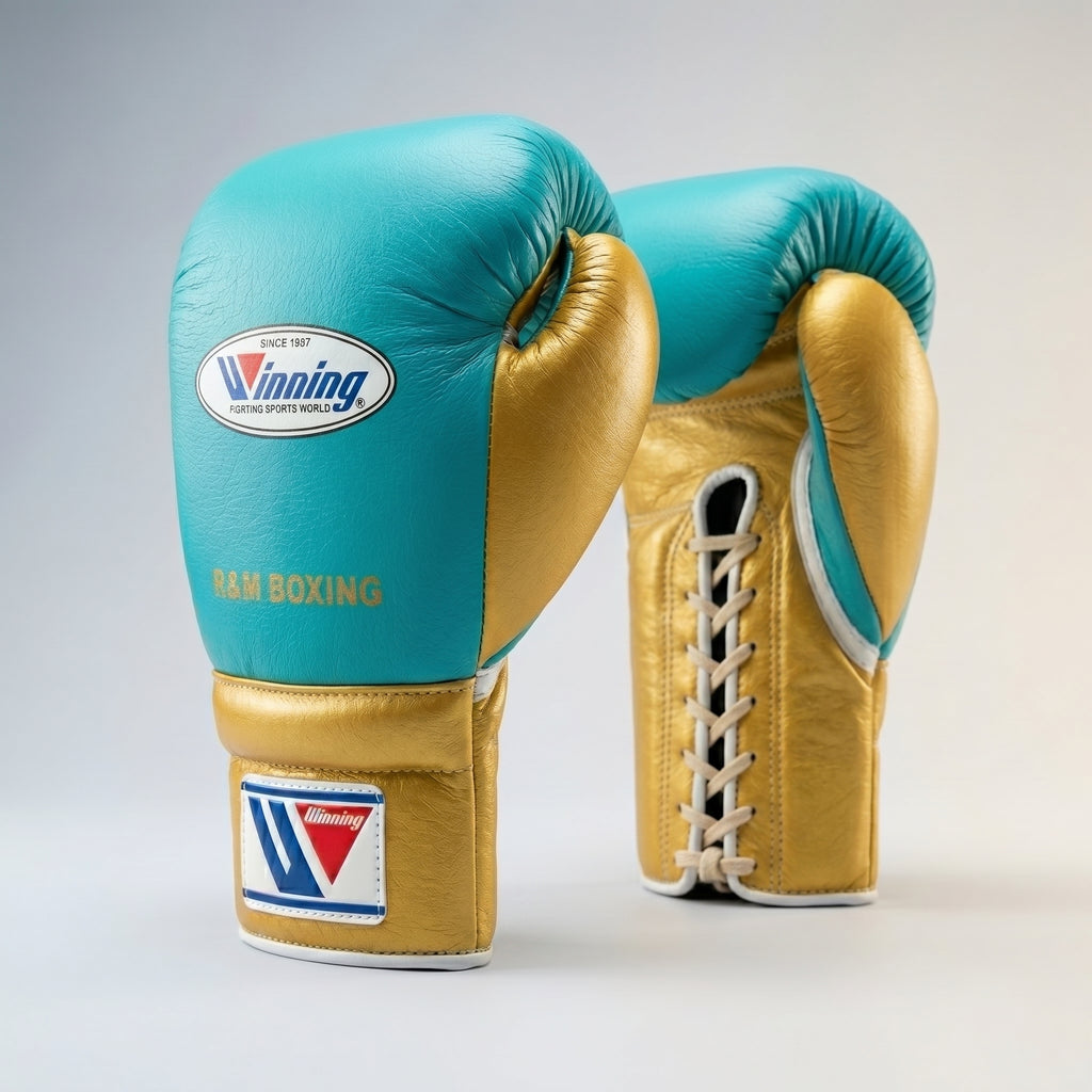 Winning x R&M Boxing Gloves – Cyan/Gold Lace-Up (Custom Edition)