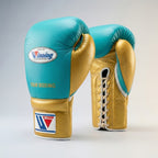Winning x R&M Boxing Gloves – Cyan/Gold Lace-Up (Custom Edition)